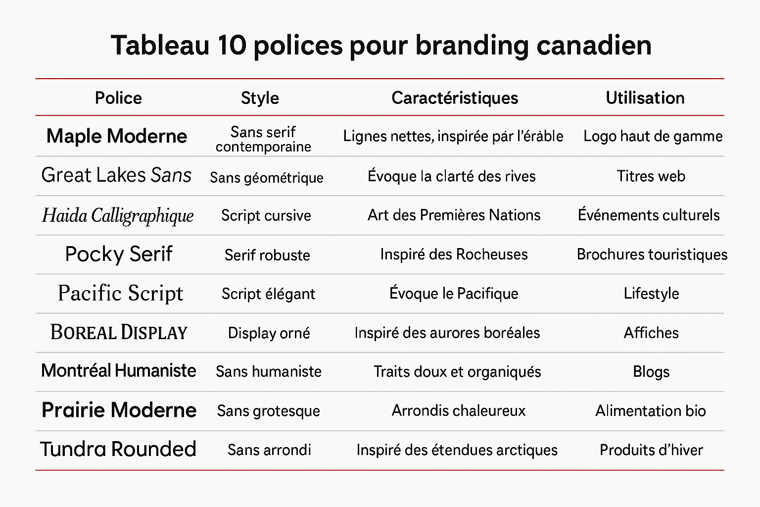 Tableau 10 polices pour branding canadien